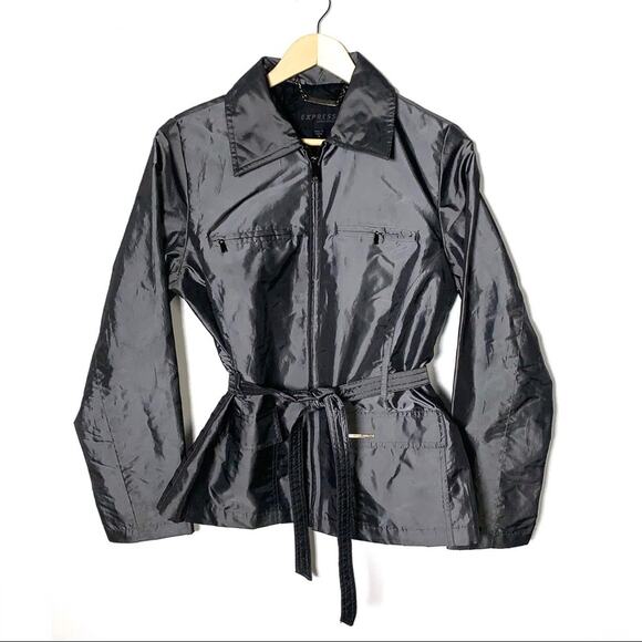 Express gray shiny lightweight belted jacket size small S B98 - Picture 1 of 4